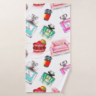 Watercolor seamless fashion glamour pattern on whi bath towel