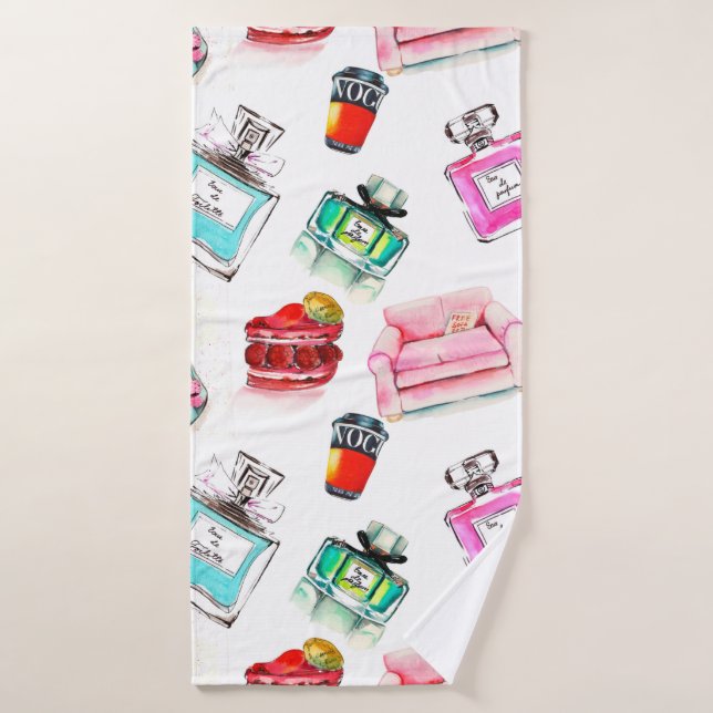 Watercolor seamless fashion glamour pattern on whi bath towel (Bath Towel)