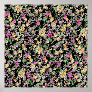 watercolor seamless floral pattern black backgroun poster