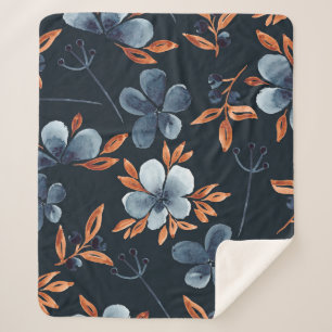 Watercolor seamless floral pattern with indigo flo sherpa blanket