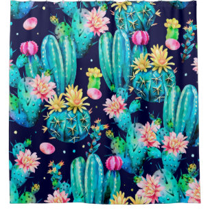 Watercolor seamless pattern. Flowering cacti on da Shower Curtain