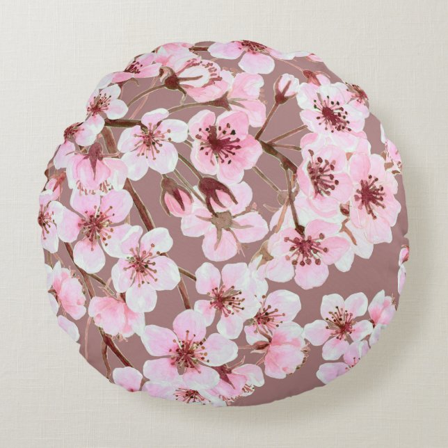 Watercolor seamless pattern made of cherry blossom round cushion (Front)