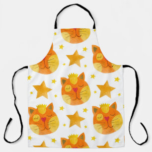 Watercolor seamless pattern of cat faces and stars apron