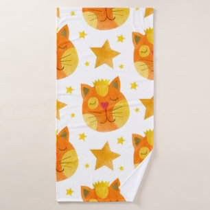 Watercolor seamless pattern of cat faces and stars bath towel