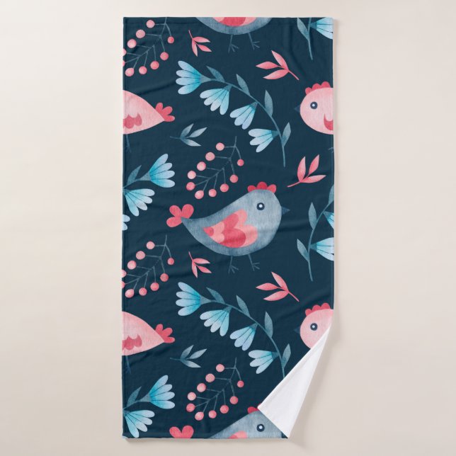 Watercolor seamless pattern of chickens flowers in bath towel (Bath Towel)