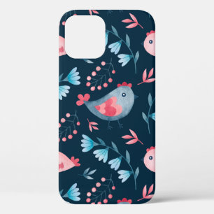 Watercolor seamless pattern of chickens flowers in iPhone 12 case