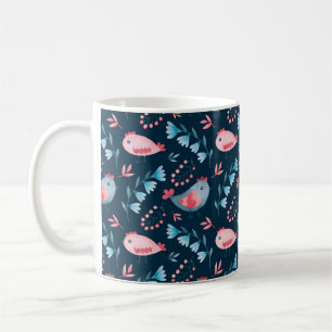 Watercolor seamless pattern of chickens flowers in coffee mug