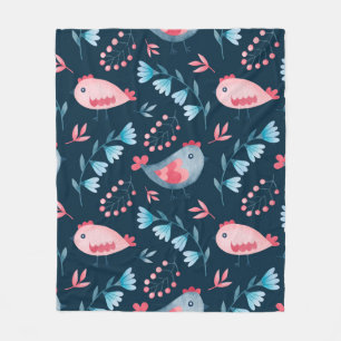 Watercolor seamless pattern of chickens flowers in fleece blanket