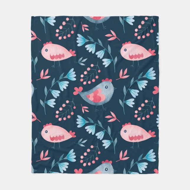 Watercolor seamless pattern of chickens flowers in fleece blanket (Front)