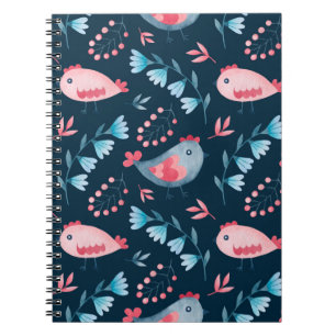 Watercolor seamless pattern of chickens flowers in notebook