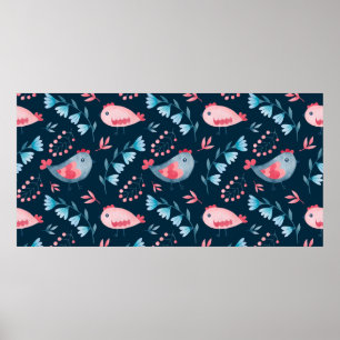 Watercolor seamless pattern of chickens flowers in poster