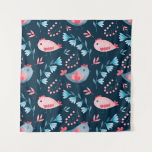Watercolor seamless pattern of chickens flowers in tapestry