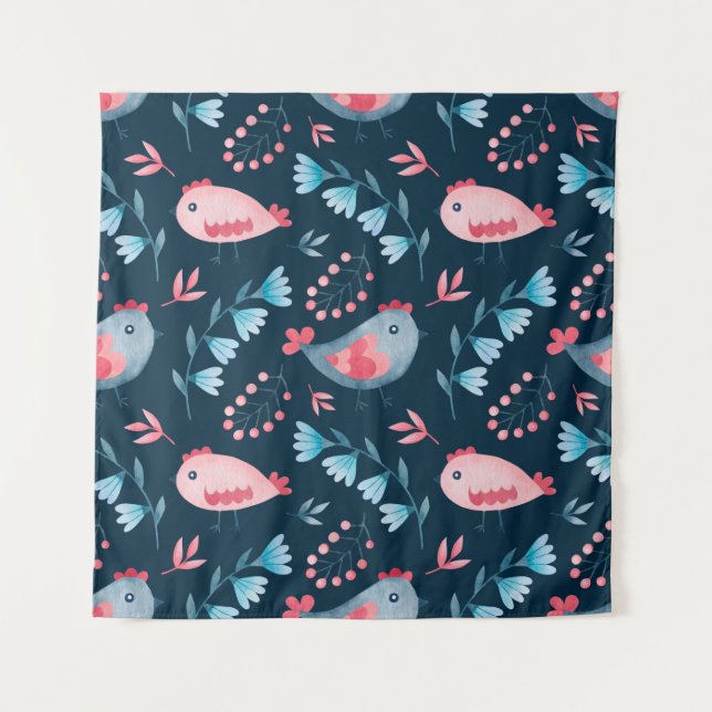 Watercolor seamless pattern of chickens flowers in tapestry (Front)