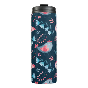 Watercolor seamless pattern of chickens flowers in thermal tumbler
