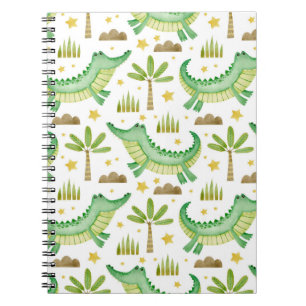 Watercolor seamless pattern of crocodile palm tree notebook
