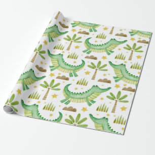Watercolor seamless pattern of crocodile palm tree wrapping paper