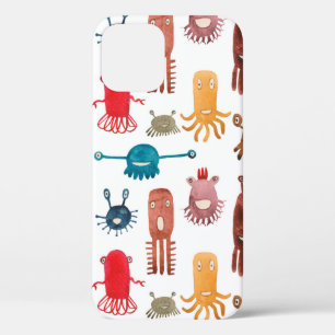 Watercolor seamless pattern of funny monsters and iPhone 12 case