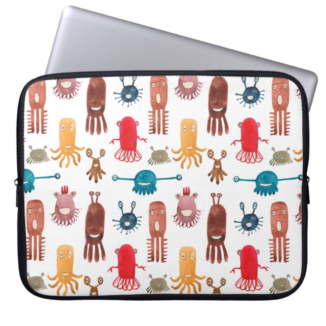 Watercolor seamless pattern of funny monsters and  laptop sleeve (Front)