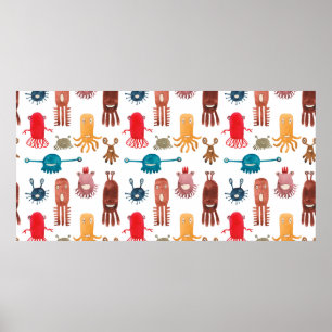 Watercolor seamless pattern of funny monsters and  poster
