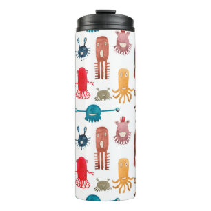Watercolor seamless pattern of funny monsters and thermal tumbler
