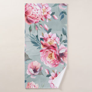 Watercolor seamless pattern of peony and blosom fl bath towel