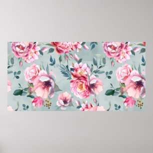 Watercolor seamless pattern of peony and blosom fl poster