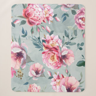Watercolor seamless pattern of peony and blosom fl sherpa blanket