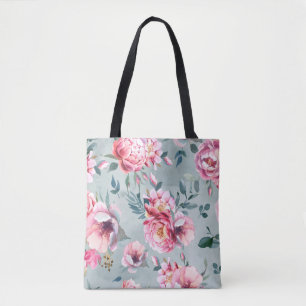 Watercolor seamless pattern of peony and blosom fl tote bag
