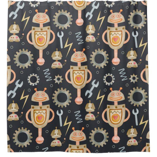 Watercolor seamless pattern robots shower curtain (Front)