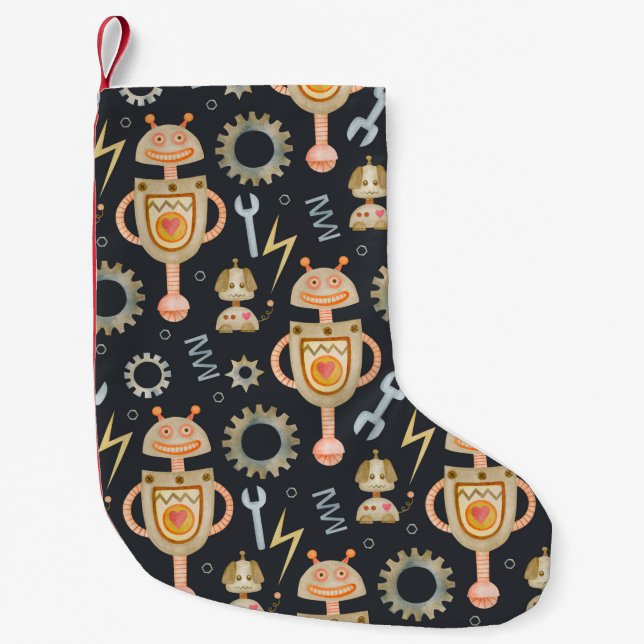Watercolor seamless pattern robots small christmas stocking (Front)