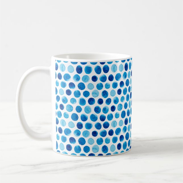 Watercolor seamless pattern with blue polka dots coffee mug (Left)