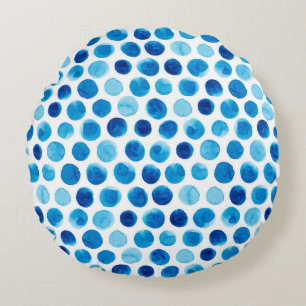 Watercolor seamless pattern with blue polka dots round cushion