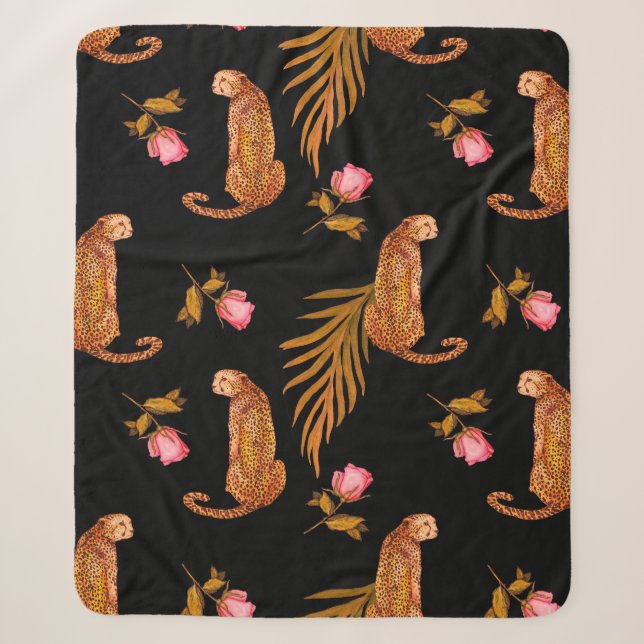 Watercolor seamless pattern with cheetahs sherpa blanket (Front)