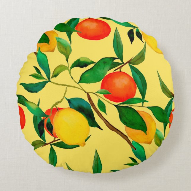 Watercolor seamless pattern with citrus fruits.  round cushion (Front)