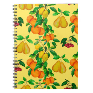 Watercolor seamless pattern with citrus, pear, che notebook
