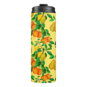 Watercolor seamless pattern with citrus, pear, che thermal tumbler