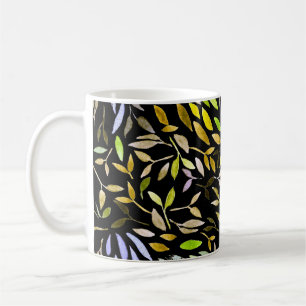 Watercolor seamless pattern with colourful leaves. coffee mug