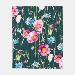 Watercolor seamless pattern with corn poppy flower fleece blanket