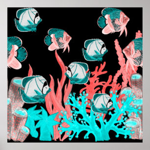 Watercolor seamless pattern with exotic fish on co poster