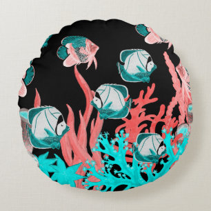Watercolor seamless pattern with exotic fish on co round cushion