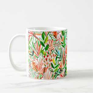 Watercolor seamless pattern with exotic leaves and coffee mug