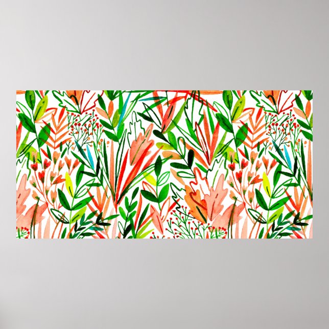 Watercolor seamless pattern with exotic leaves and poster (Front)