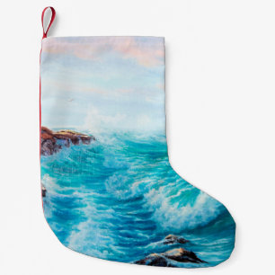 Watercolor seamless pattern with hand painted blue small christmas stocking