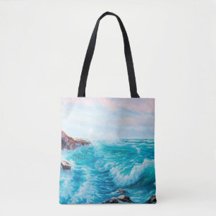 Watercolor seamless pattern with hand painted blue tote bag