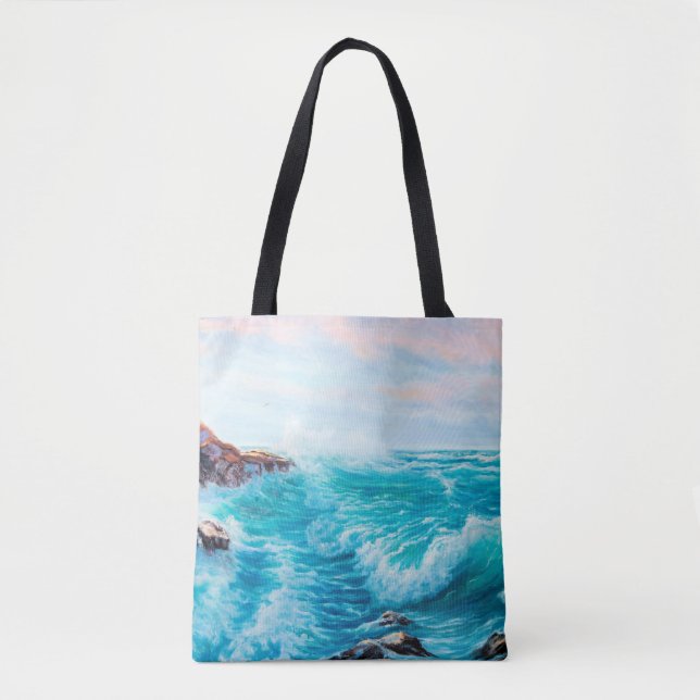 Watercolor seamless pattern with hand painted blue tote bag (Front)