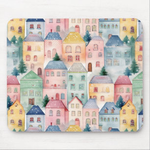 Watercolor seamless pattern with houses mouse mat