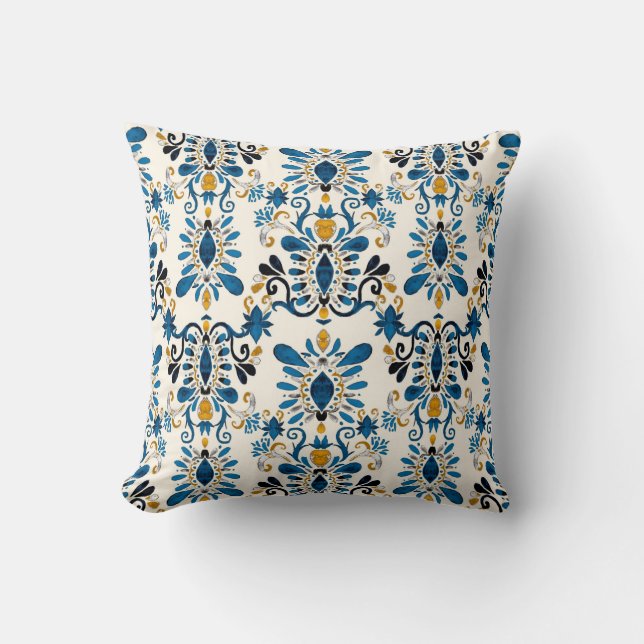 Watercolor seamless pattern with ikat. Tie dye wat Cushion (Front)