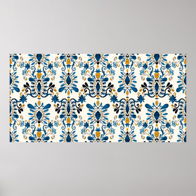 Watercolor seamless pattern with ikat. Tie dye wat Poster (Front)