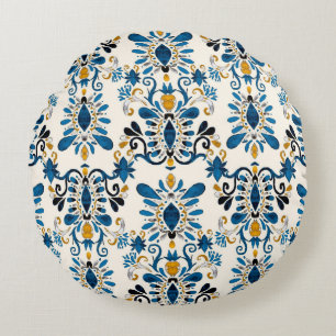 Watercolor seamless pattern with ikat. Tie dye wat Round Cushion