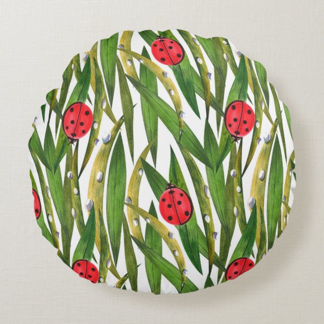 Watercolor seamless pattern with ladybugs. Against Round Cushion (Front)